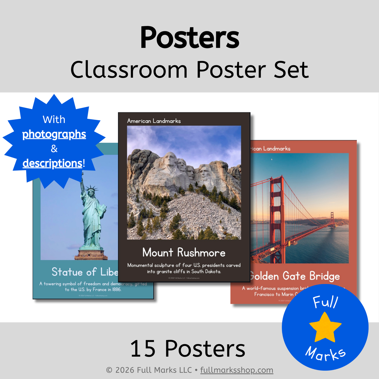 American Landmarks Real Photo Posters | Boho Modern USA Social Studies Decor