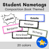 Composition Book Themed Nametags, Editable Minimalistic Colorful Boho Labels