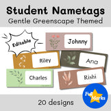 Gentle Greenscape Student Nametags, Watercolor Botanical Theme Desk Plates Label